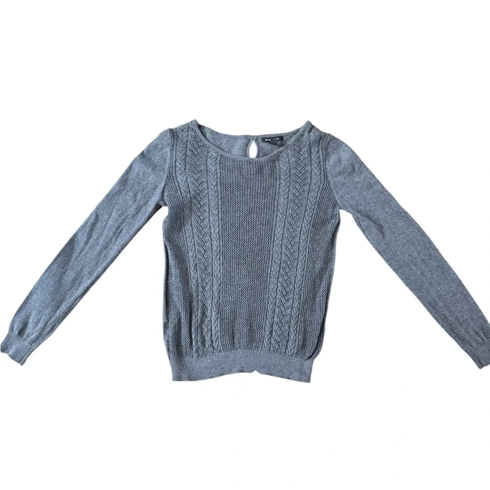 MANGO MNG Basics Gray Sweater Bows Keyholes  XS Quiet Luxury Long Sleeve Light